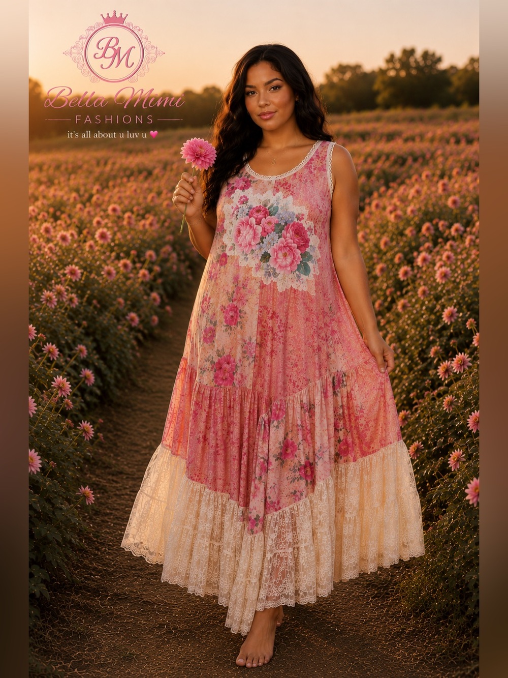 NEW Pink Floral Lace-Trim Maxi Dress — Romantic Sleeveless Gown Size 2X BRB SL - Picture 2 of 14